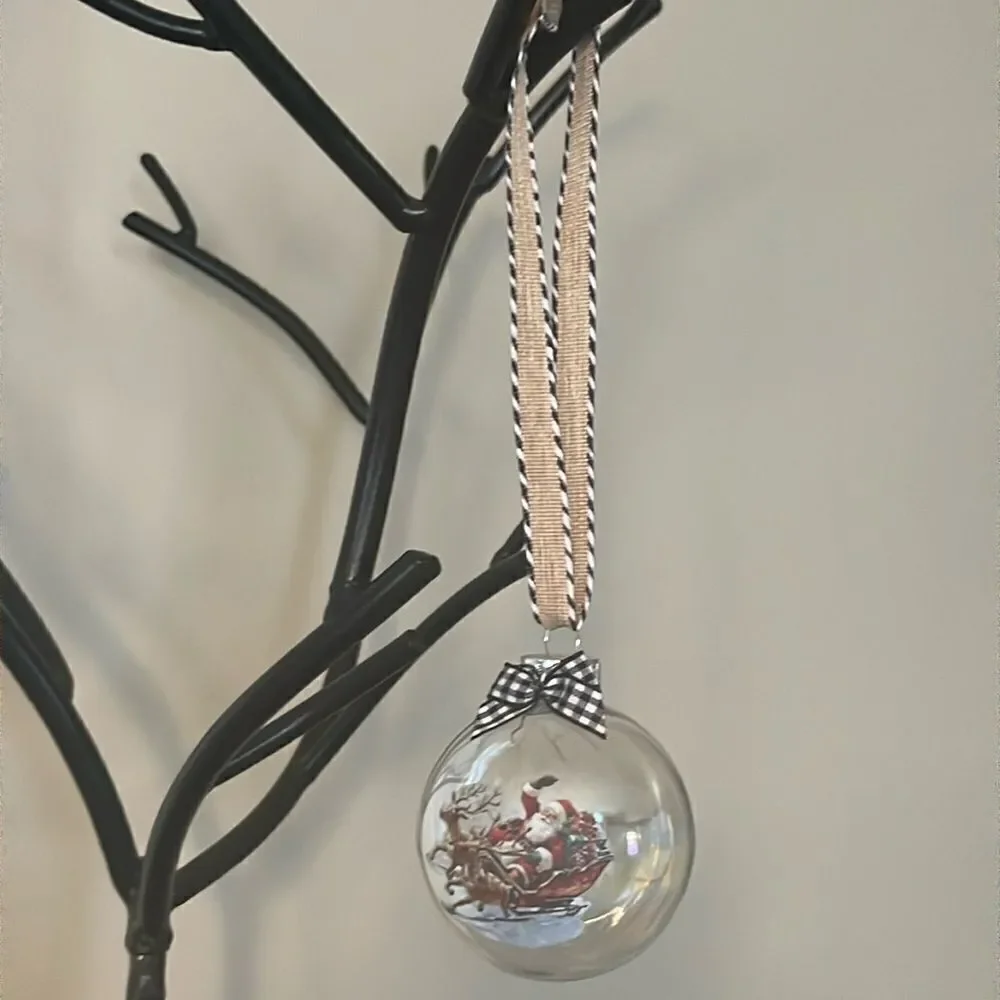 Upcycled Clear Glass Ornaments 3 Different Christmas Balls stocking, sleigh, hut